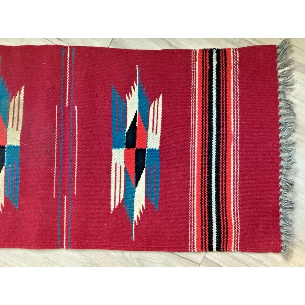 Hand Woven Southwest Wool Table Runner Wall Art Rug Red Geometric 13